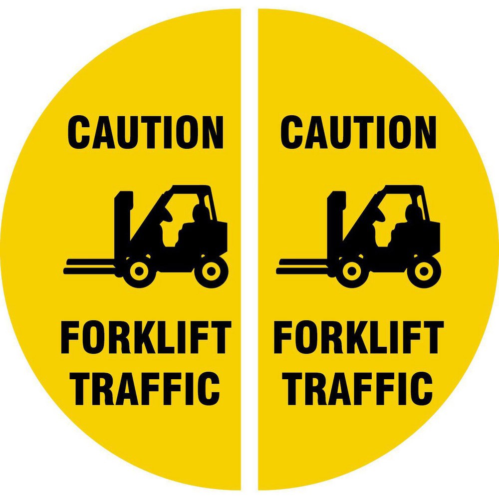 Adhesive Backed Floor Signs; Message Type: Traffic Control ; Message or Graphic: Message & Graphic ; Legend: CAUTION FORKLIFT TRAFFIC ; Material: Vinyl ; Legend Color: Black ; Color: Black; Yellow