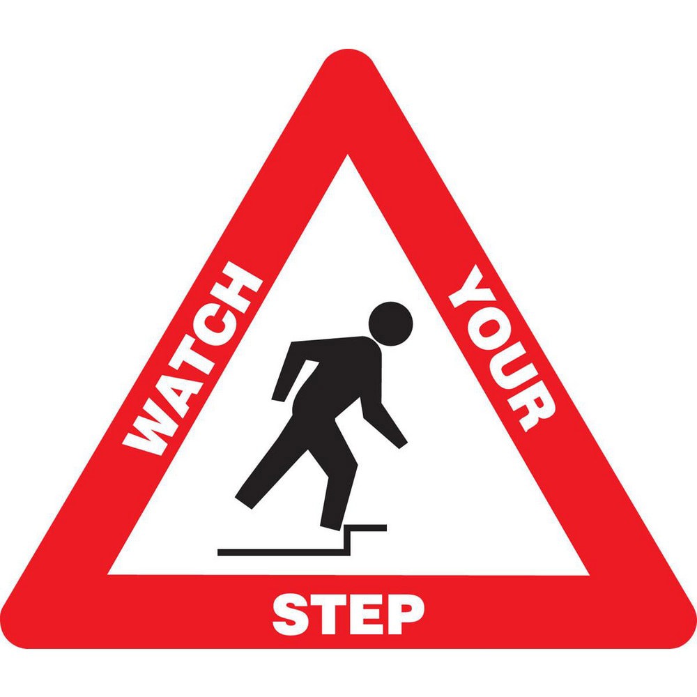 Adhesive Backed Floor Signs; Message Type: Traffic Control ; Message or Graphic: Message & Graphic ; Legend: WATCH YOUR STEP ; Material: Vinyl ; Legend Color: White ; Color: Black; Red; White
