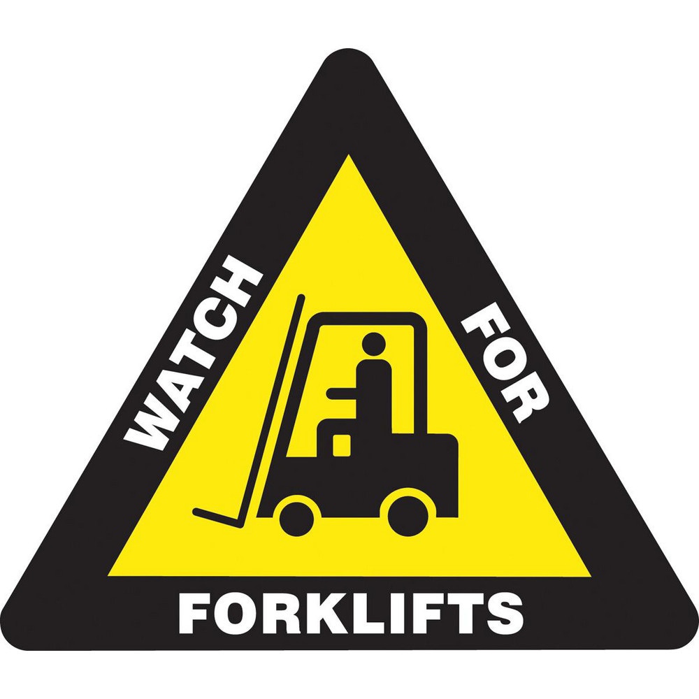 Adhesive Backed Floor Signs; Message Type: Traffic Control ; Message or Graphic: Message & Graphic ; Legend: WATCH FOR FORKLIFTS ; Material: Vinyl ; Legend Color: White ; Color: Black; White; Yellow