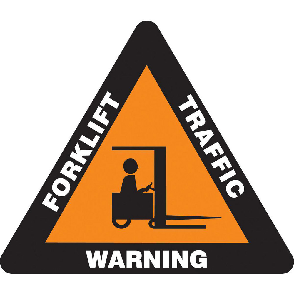 Adhesive Backed Floor Signs; Message Type: Traffic Control ; Message or Graphic: Message & Graphic ; Legend: WARNING FORKLIFT TRAFFIC ; Material: Vinyl ; Legend Color: White ; Color: Black; Orange; White
