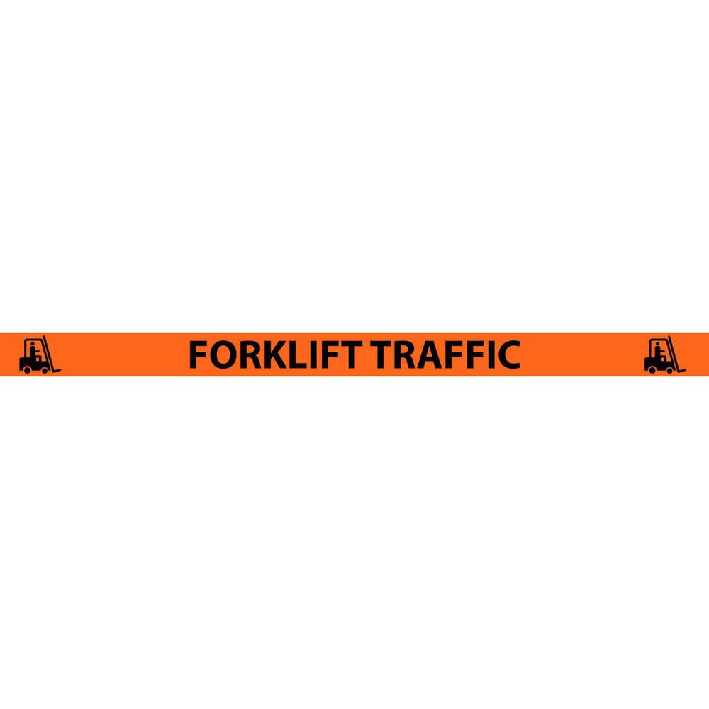 Adhesive Backed Floor Signs; Message Type: Traffic Control ; Message or Graphic: Message & Graphic ; Legend: FORKLIFT TRAFFIC ; Material: Vinyl ; Legend Color: Black ; Color: Black; Orange