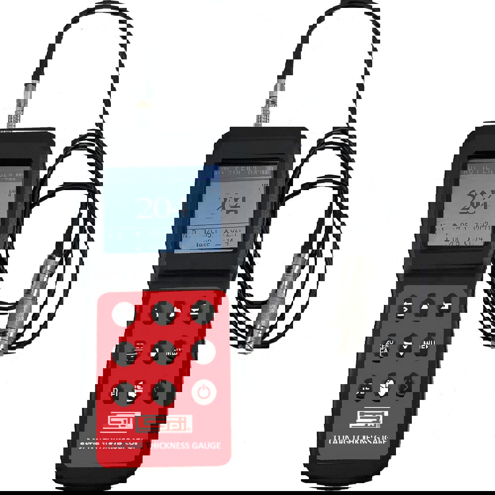 Electronic Thickness Gages; Minimum Measurement: 0 ; Maximum Measurement: 1500.00 ; Accuracy: +/-2% of known VALUE ; Resolution: 0.100 ; Anvil Tip Shape: Round ; Operating Mechanism: Thumb Button