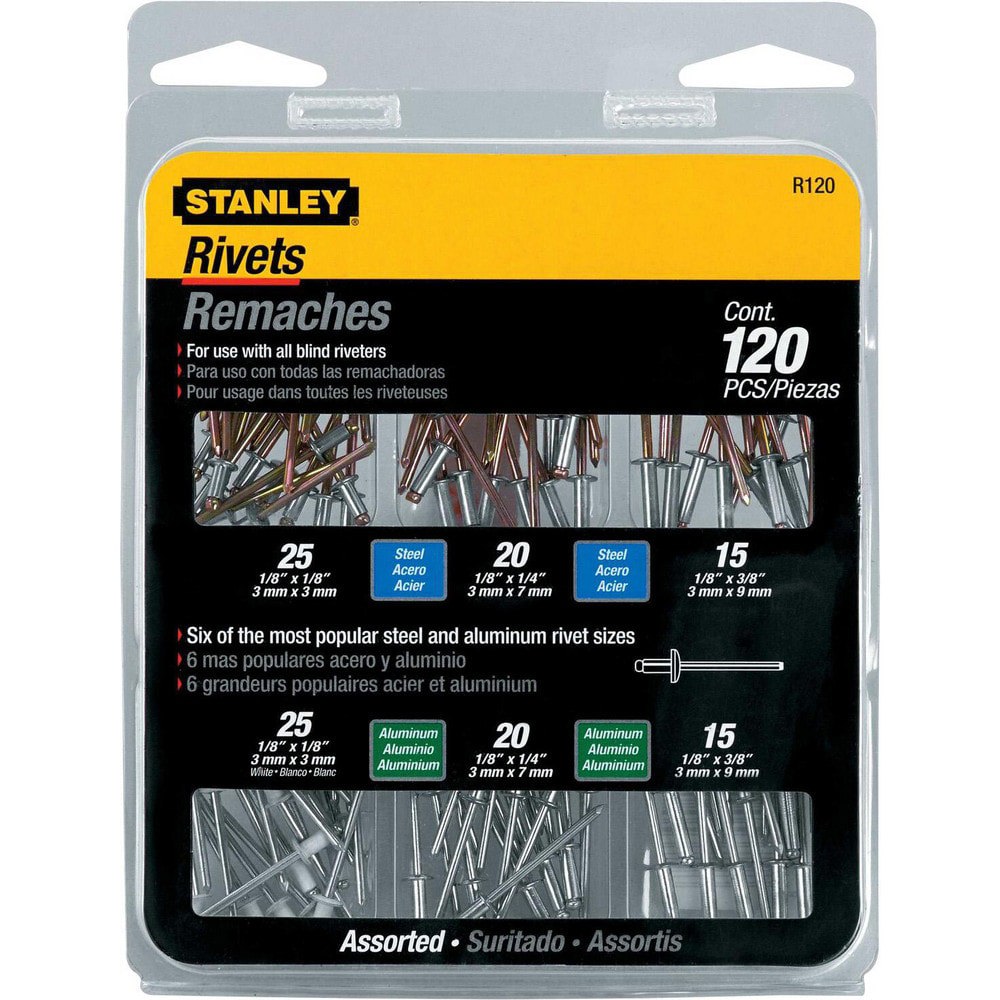 Rivet Assortments; Assortment Type: Blind Rivet Assortment ; Head Type: Rivet ; Body Type: Smooth ; Body Material: Steel; Aluminum ; Minimum Hole Diameter: 1 in ; Maximum Hole Diameter: 1in