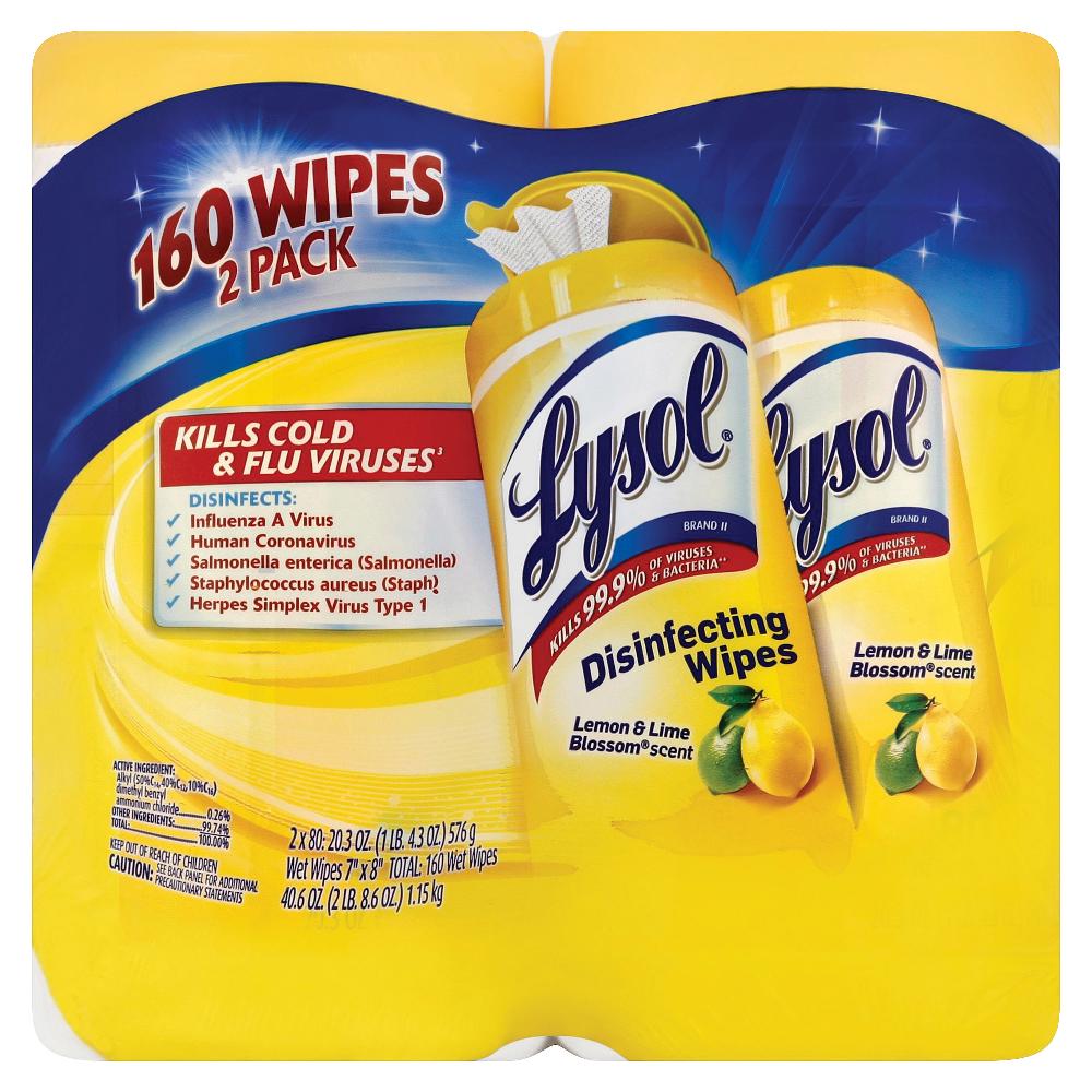 Disinfecting Wipes, 1-Ply, 7 x 7.25, Lemon and Lime Blossom, White, 80 Wipes/Canister, 2 Canisters/Pack