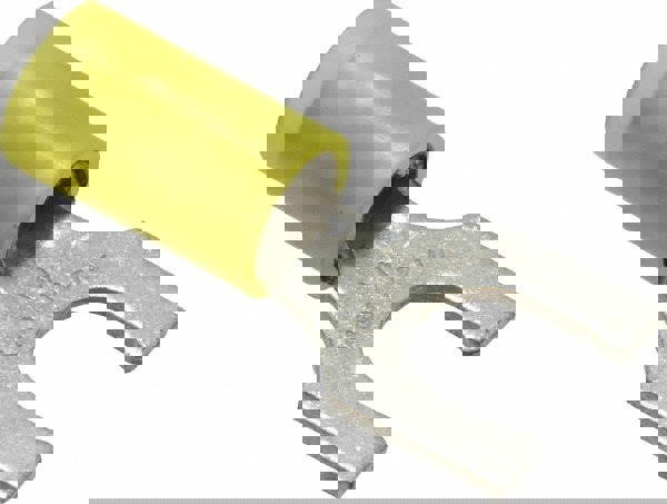 Locking Fork Terminal: Yellow, Nylon, Partially Insulated, #1/4