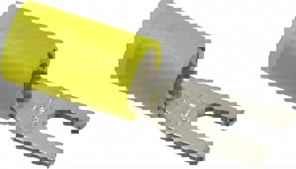 Locking Fork Terminal: Yellow, Nylon, Partially Insulated, #6 Stud, Crimp