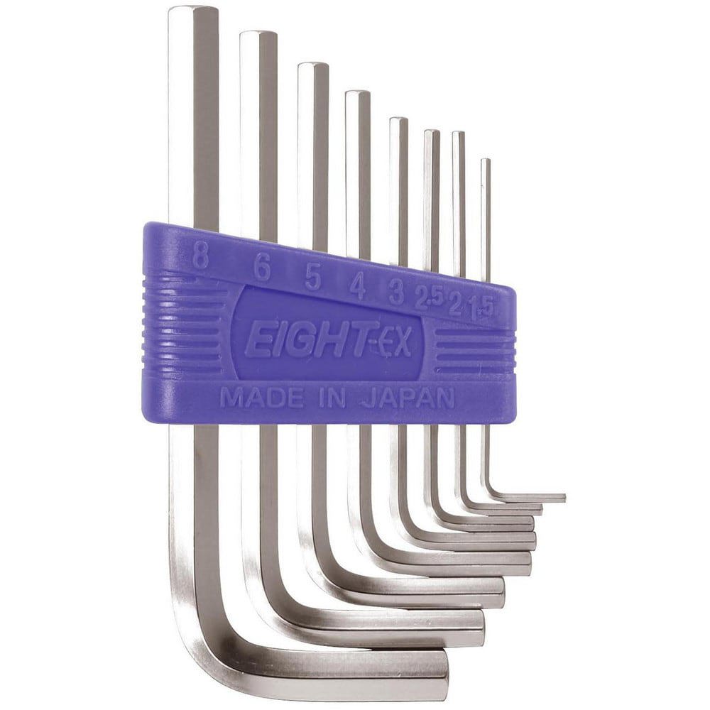 Hex Key Sets; Ball End: No ; Handle Type: L-Handle ; Measurement Type: Metric ; Hex Size: 1.5 mm, 2 mm, 2.5 mm, 3 mm, 4 mm, 5 mm, 6 mm, 8 mm ; Material: Steel ; Overall Length (mm): 109.0000