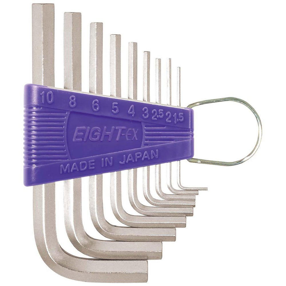 Hex Key Sets; Ball End: No ; Handle Type: L-Handle ; Measurement Type: Metric ; Hex Size: 1.5 mm, 2 mm, 2.5 mm, 3 mm, 4 mm, 5 mm, 6 mm, 8 mm, 10 mm ; Material: Steel ; Overall Length (mm): 123.0000