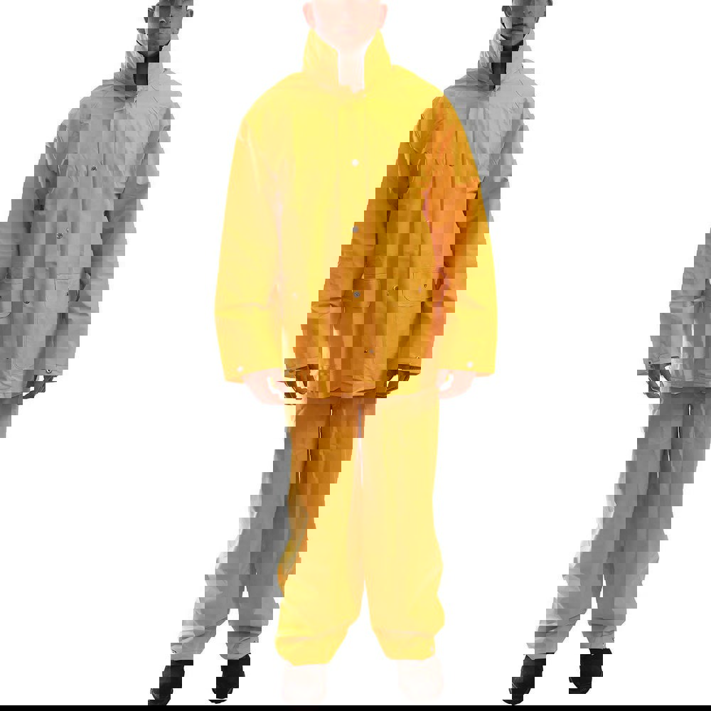 Rain & Chemical Wear; Garment Style: Suit with Pants ; Size: Small ; Material: PVC on Polyester ; Sleeve Length: 33.5in ; High Visibility: No ; Hood Type: Attached Hood