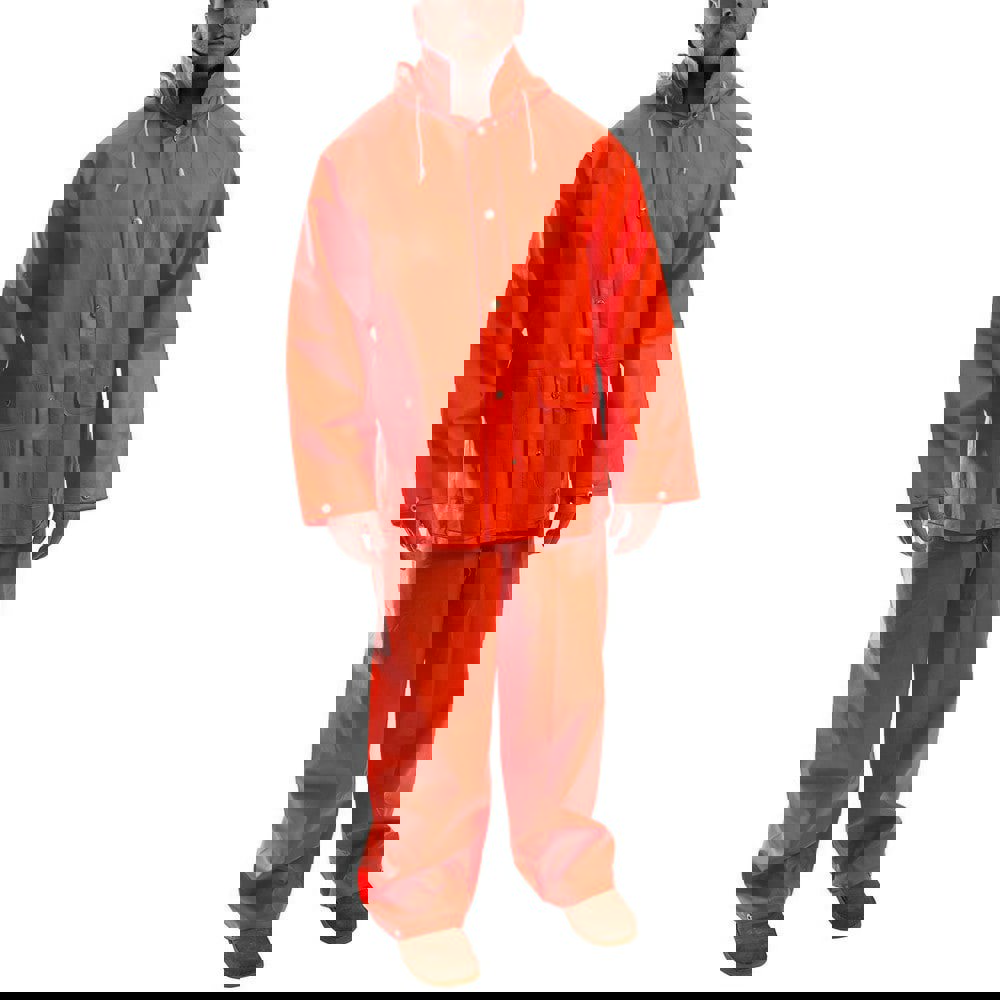 Rain & Chemical Wear; Garment Style: Two Piece Suit ; Size: Large ; Material: PVC on Polyester ; Sleeve Length: 35 ; High Visibility: No ; Hood Type: Attached