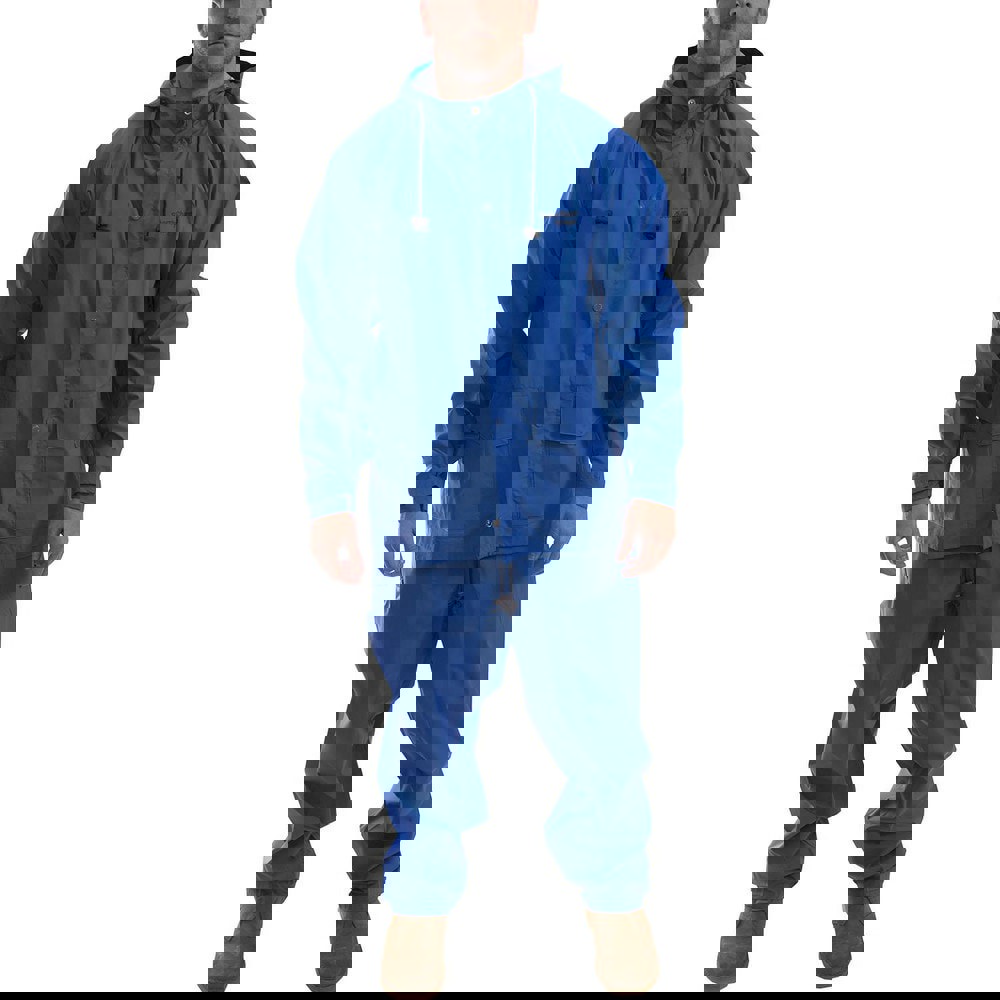 Rain & Chemical Wear; Garment Style: Suit with Pants ; Size: Large ; Material: PVC on Nylon ; Sleeve Length: 38in ; High Visibility: No ; Hood Type: Attached Hood