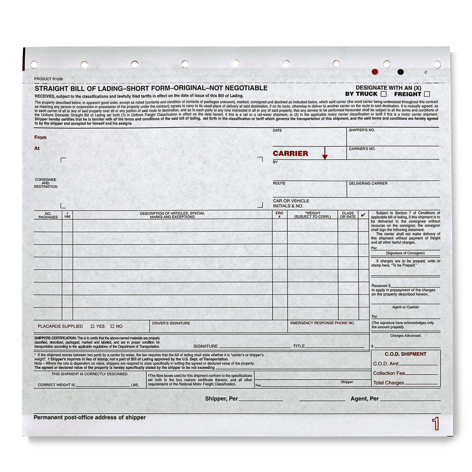 3-Part Bill of Lading - Carbon, No Numbe