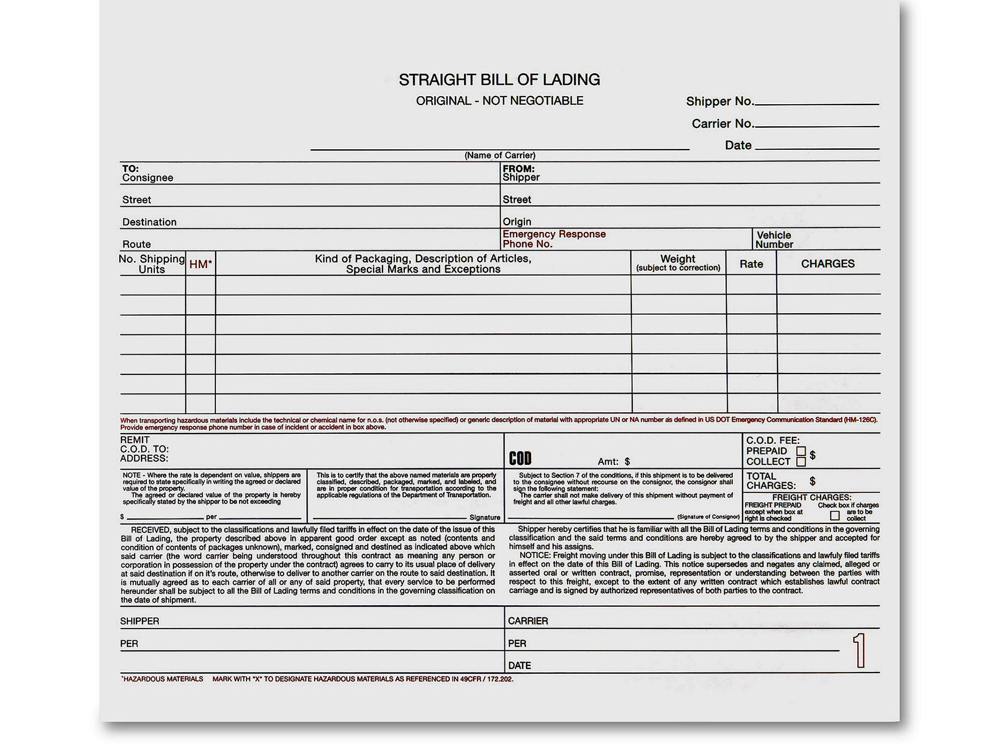 4-Part Bill of Lading - Carbonless, No N
