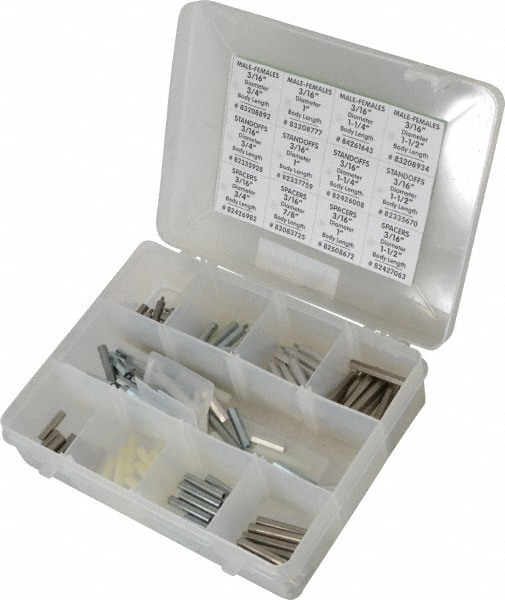 Standoff & Spacer Assortments; Minimum Thread Size (Inch): 3/4 ; Maximum Thread Size (Inch): 1-1/2 ; Material: Aluminum; Brass; Nylon; Stainless Steel; Steel ; Includes: (40) Male/Female Standoffs; (40) Spacers; (40) Threaded Standoffs