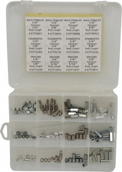Standoff & Spacer Assortments; Minimum Thread Size (Inch): 1/8 ; Maximum Thread Size (Inch): 5/8 ; Material: Aluminum; Brass; Stainless Steel; Steel ; Includes: (40) Male/Female Standoffs; (40) Spacers; (40) Threaded Standoffs