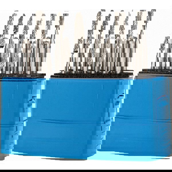 12 Pc Double Cut Burr Set with Cylinder, Cylinder w/Rad End, Ball, Cone, Flame, Inverted Cone, Oval, Pointed Cone, Pointed Tree, Tree w/Rad End