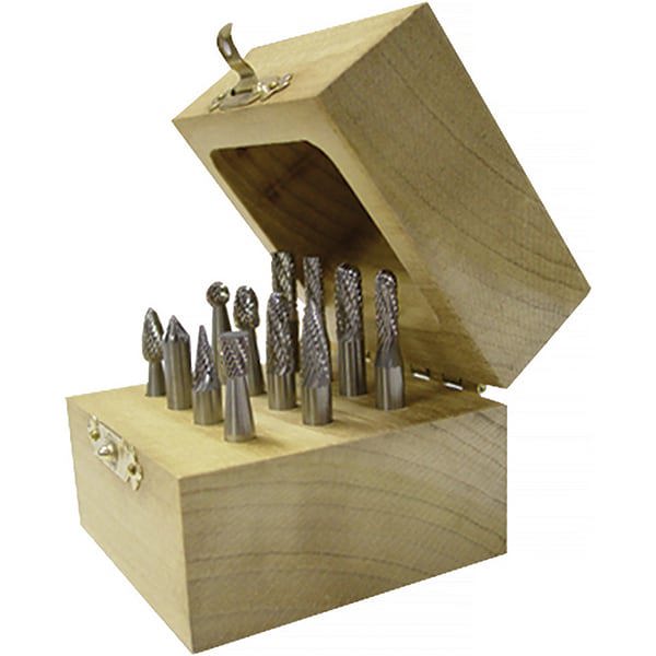 12 Pc Double Cut Burr Set with Cylinder, Cylinder w/Rad End, Ball, Cone, Flame, Inverted Cone, Oval, Pointed Cone, Pointed Tree, Tree w/Rad End