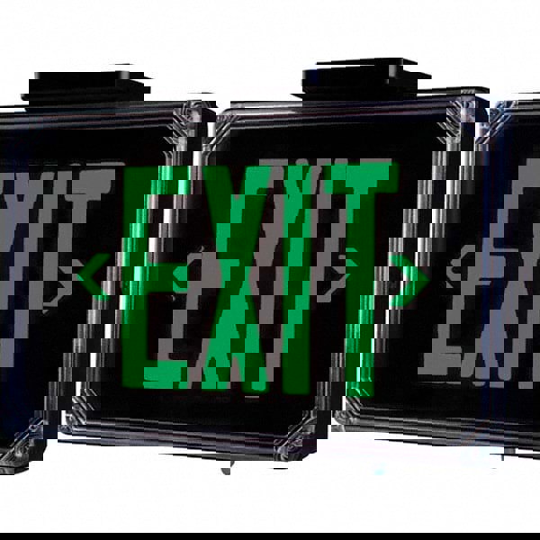 Illuminated Exit Signs; Number of Faces: 2; Light Technology: LED; Letter Color: Green; Mount Type: Surface Mount; Housing Material: Thermoplastic; Housing Color: Black; Battery Type: Sealed Nickel Cadmium; Wattage: 3 W; Overall Length: 3.5 in; Overall He