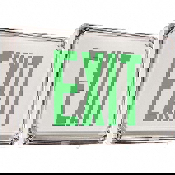 Illuminated Exit Signs; Number of Faces: 2; Light Technology: LED; Letter Color: Green; Mount Type: Surface Mount; Housing Material: Thermoplastic; Housing Color: White; Battery Type: Sealed Nickel Cadmium; Wattage: 3 W; Overall Length: 3.5 in; Overall He