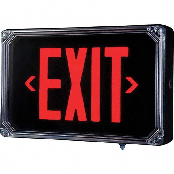 Illuminated Exit Signs; Number of Faces: 2; Light Technology: LED; Letter Color: Red; Mount Type: Surface Mount; Housing Material: Thermoplastic; Housing Color: Black; Battery Type: Sealed Nickel Cadmium; Wattage: 3 W; Overall Length: 3.5 in; Overall Heig