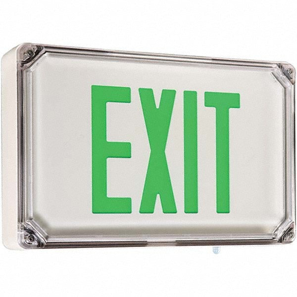 Illuminated Exit Signs; Number of Faces: 1; Light Technology: LED; Letter Color: Green; Mount Type: Surface Mount; Housing Material: Thermoplastic; Housing Color: White; Battery Type: Sealed Nickel Cadmium; Wattage: 3 W; Overall Length: 3.5 in; Overall He