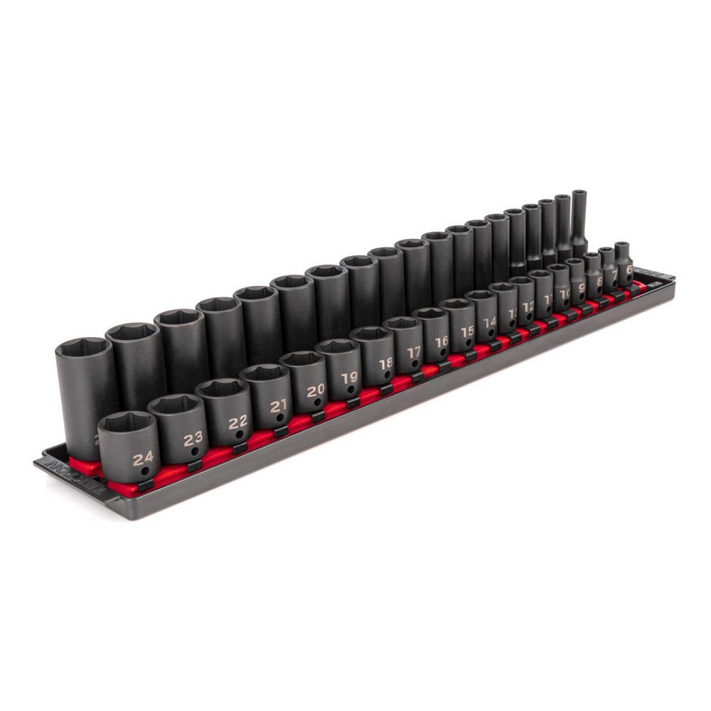 38-pc 3/8 in Dr S/D Impact Socket Set (6-24 mm) 6p Tr 2Rl