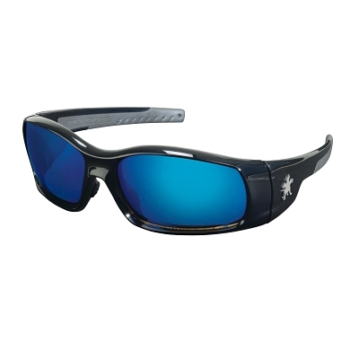 Safety Glasses: Scratch-Resistant, Polycarbonate, Blue Mirror Lenses, Full-Framed