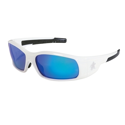 Safety Glasses: Scratch-Resistant, Polycarbonate, Blue Mirror Lenses, Full-Framed