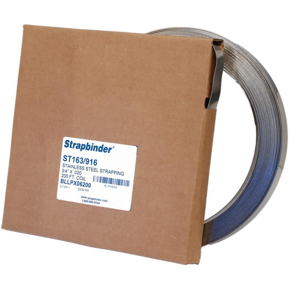 Steel & Plastic Strapping; Dispenser Type: Self-Dispensing Carton ; Overall Length: 100.00 ; Breaking Strength (Lb.) (Lbs): 1800 ; Width (Inch): 3/4 ; Length (Feet): 100 ; Material: Stainless Steel