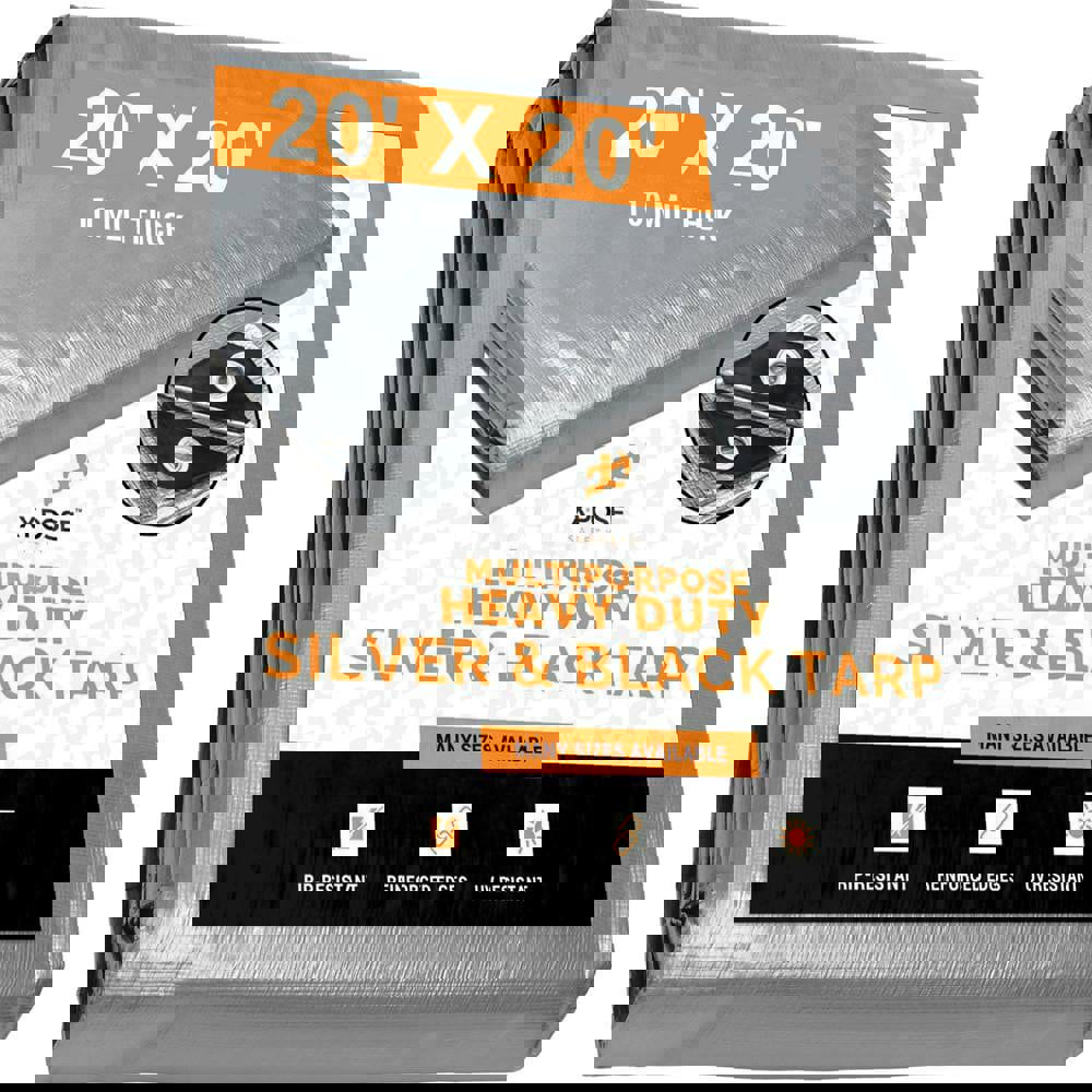 Tarp/Dust Cover: Silver & Black, Rectangle, Polyethylene, 20' Long x 20' Wide, 10 mil