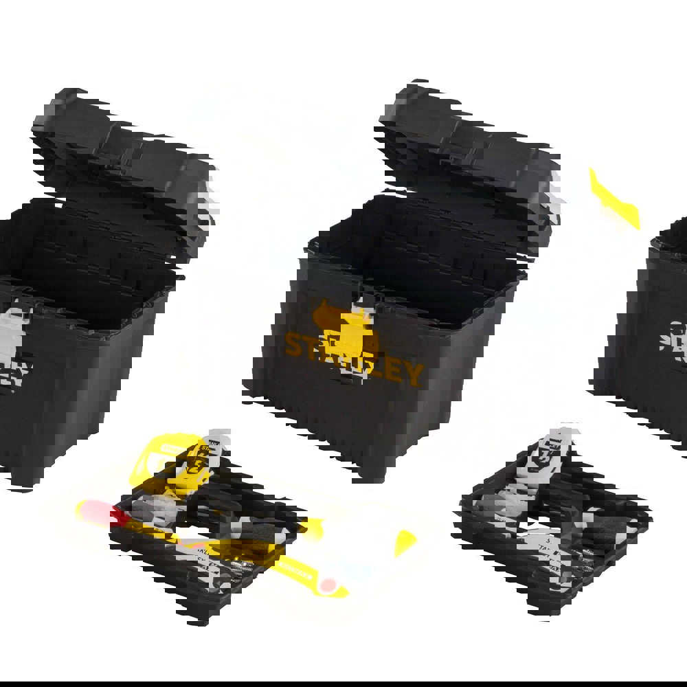 Tool Boxes, Cases & Chests; Color: Black; Yellow ; Material: Polyethylene ; Features: Top organizers enable small parts organization, Pad eye lock, enables to lock the tool box ; Includes: 16 in. 2.1 Gallon Essential Tool Box with Lid Organizers