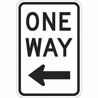 Safety Signs; Sign Type: Traffic Control ; Legend: One Way ; Message/Graphic: Message & Graphic ; Graphic Type: Left Arrow ; Reflectivity: Reflective; Engineer Grade ; Material: Aluminum