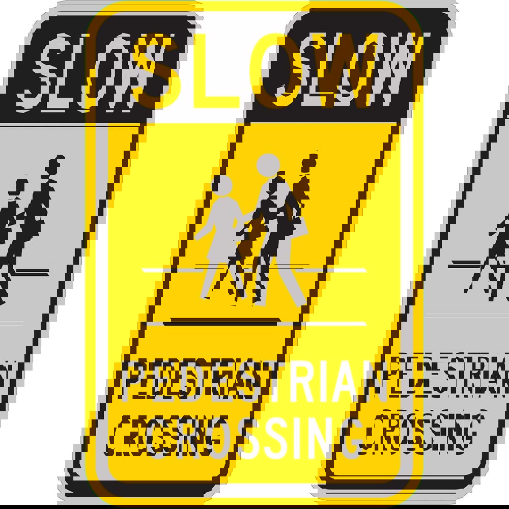 Safety Signs; Sign Type: Pedestrian Crossing ; Legend: Slow Pedestrian Crossing ; Message/Graphic: Message & Graphic ; Graphic Type: Pedestrian Crossing ; Reflectivity: Reflective; High Intensity ; Material: Aluminum