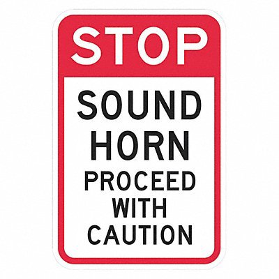 Safety Signs; Sign Type: Warning & Safety Reminder ; Sign Header: STOP ; Legend: Stop Sound Horn Proceed With Caution ; Message/Graphic: Message Only ; Reflectivity: Reflective; Engineer Grade ; Material: Aluminum