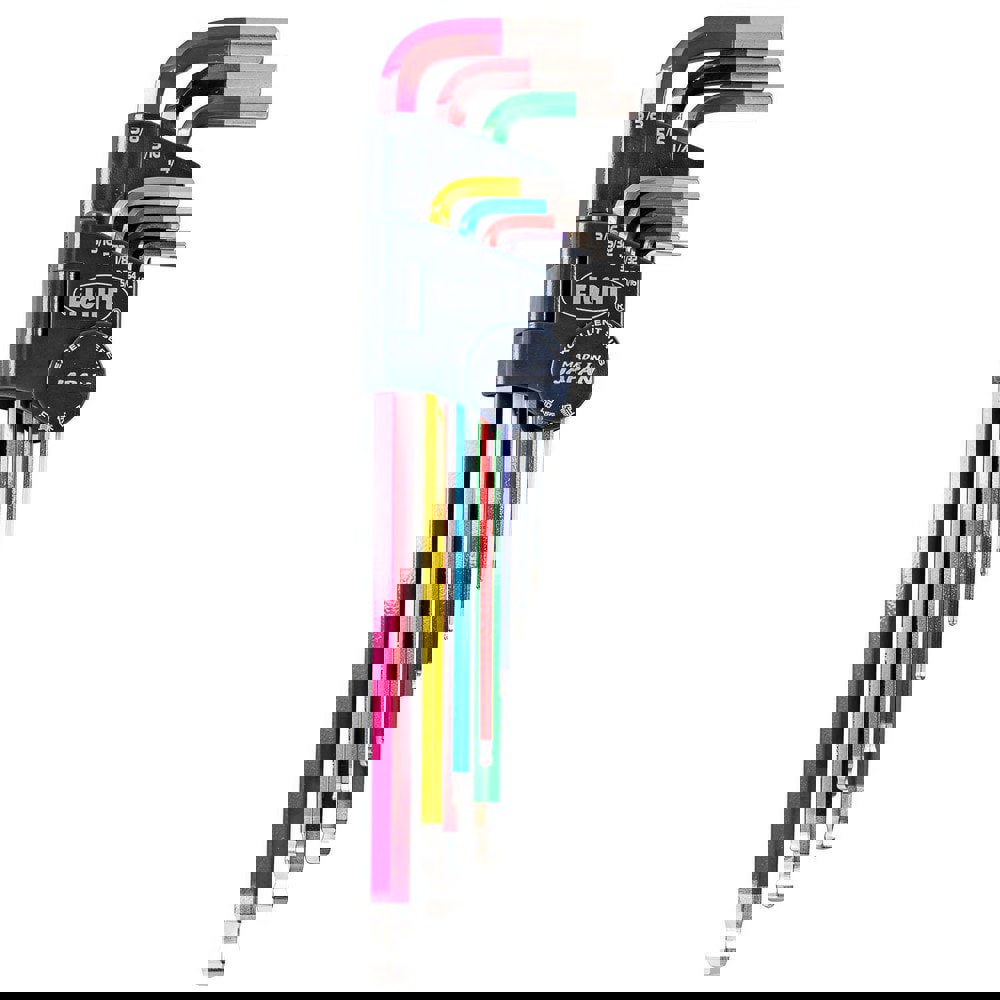 Hex Key Sets; Ball End: Yes ; Handle Type: Color Coded; L-Handle ; Measurement Type: Inch ; Hex Size: 1/16 in, 5/64 in, 3/32 in, 1/8 in, 5/32 in, 3/16 in, 1/4 in, 5/16 in, 3/8 in ; Material: Steel ; Overall Length (mm): 235.0000