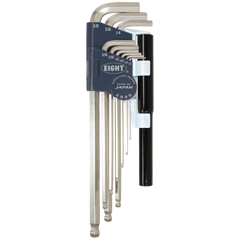Hex Key Sets; Ball End: Yes ; Handle Type: L-Handle ; Measurement Type: Inch ; Hex Size: 1/16 in, 5/64 in, 3/32 in, 1/8 in, 5/32 in, 3/16 in, 1/4 in, 5/16 in, 3/8 in ; Material: Steel ; Overall Length (mm): 235.0000