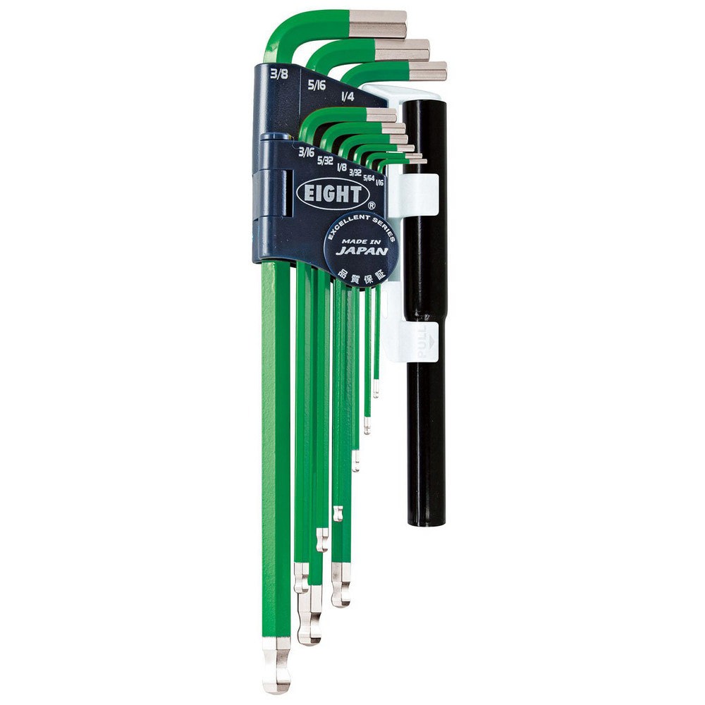 Hex Key Sets; Ball End: Yes ; Handle Type: Color Coded; L-Handle ; Measurement Type: Inch ; Hex Size: 1/16 in, 5/64 in, 3/32 in, 1/8 in, 5/32 in, 3/16 in, 1/4 in, 5/16 in, 3/8 in ; Material: Steel ; Overall Length (mm): 235.0000
