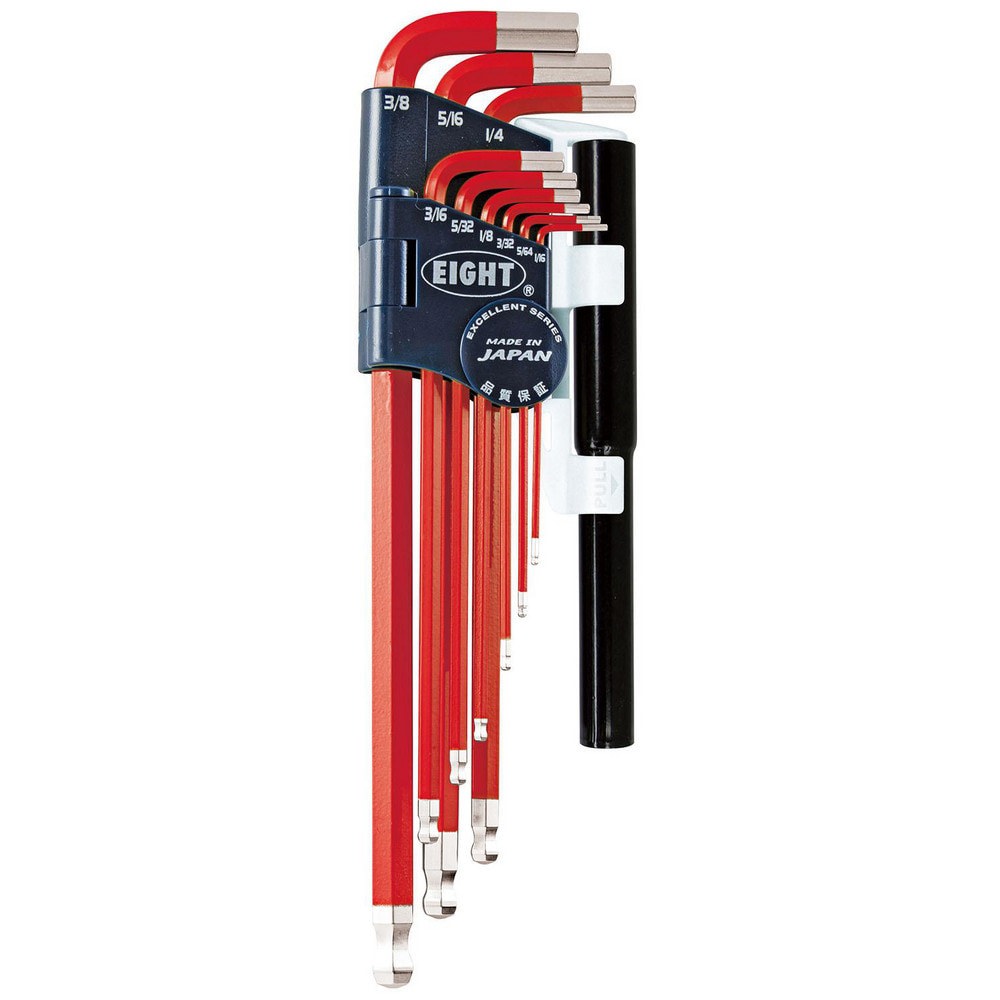 Hex Key Sets; Ball End: Yes ; Handle Type: Color Coded; L-Handle ; Measurement Type: Inch ; Hex Size: 1/16 in, 5/64 in, 3/32 in, 1/8 in, 5/32 in, 3/16 in, 1/4 in, 5/16 in, 3/8 in ; Material: Steel ; Overall Length (mm): 235.0000