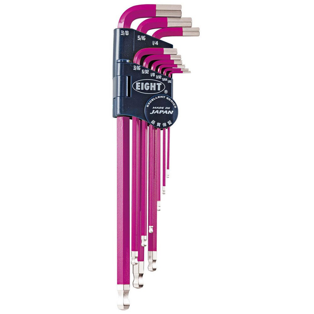 Hex Key Sets; Ball End: Yes ; Handle Type: Color Coded; L-Handle ; Measurement Type: Inch ; Hex Size: 1/16 in, 5/64 in, 3/32 in, 1/8 in, 5/32 in, 3/16 in, 1/4 in, 5/16 in, 3/8 in ; Material: Steel ; Overall Length (mm): 235.0000