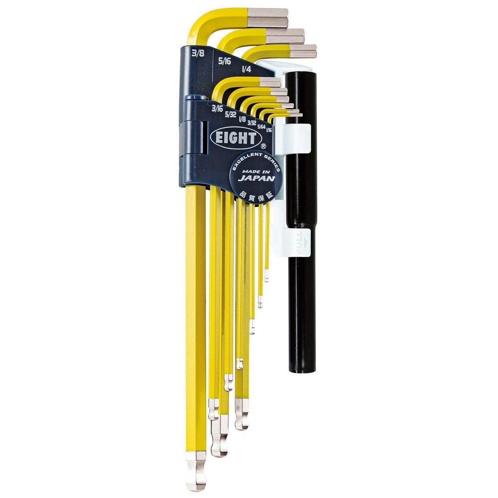 Hex Key Sets; Ball End: Yes ; Handle Type: Color Coded; L-Handle ; Measurement Type: Inch ; Hex Size: 1/16 in, 5/64 in, 3/32 in, 1/8 in, 5/32 in, 3/16 in, 1/4 in, 5/16 in, 3/8 in ; Material: Steel ; Overall Length (mm): 235.0000