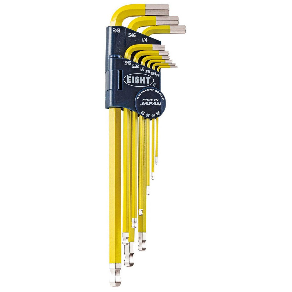 Hex Key Sets; Ball End: Yes ; Handle Type: Color Coded; L-Handle ; Measurement Type: Metric ; Hex Size: 1/16 in, 5/64 in, 3/32 in, 1/8 in, 5/32 in, 3/16 in, 1/4 in, 5/16 in, 3/8 in ; Material: Steel ; Overall Length (mm): 235.0000