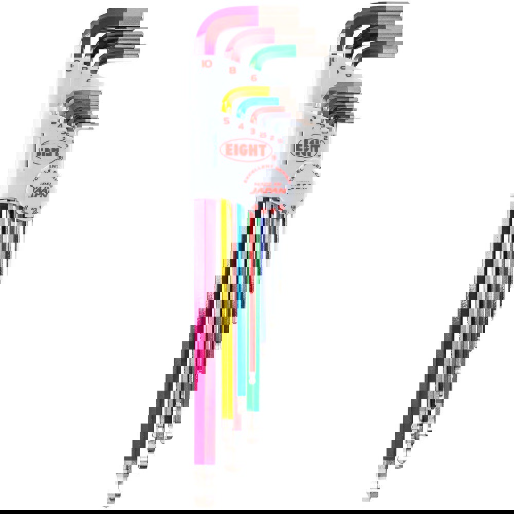 Hex Key Sets; Ball End: Yes ; Handle Type: Color Coded; L-Handle ; Measurement Type: Metric ; Hex Size: 1.5 mm, 2 mm, 2.5 mm, 3 mm, 4 mm, 5 mm, 6 mm, 8 mm, 10 mm ; Material: Steel ; Overall Length (mm): 235.0000