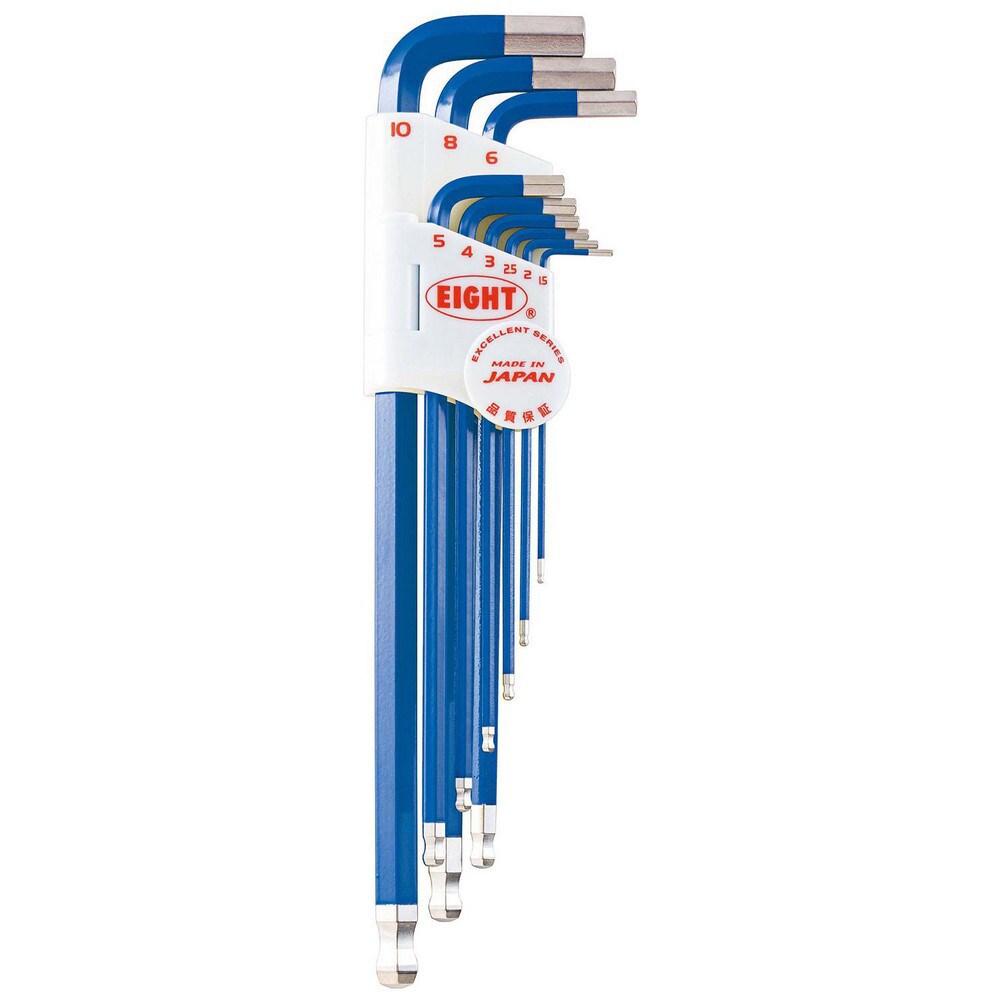 Hex Key Sets; Ball End: Yes ; Handle Type: Color Coded; L-Handle ; Measurement Type: Metric ; Hex Size: 1.5 mm, 2 mm, 2.5 mm, 3 mm, 4 mm, 5 mm, 6 mm, 8 mm, 10 mm ; Material: Steel ; Overall Length (mm): 235.0000