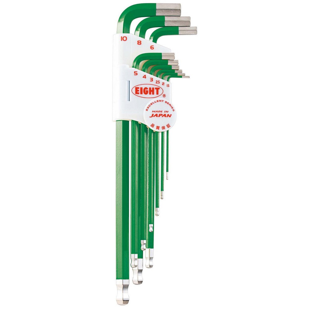 Hex Key Sets; Ball End: Yes ; Handle Type: Color Coded; L-Handle ; Measurement Type: Metric ; Hex Size: 1.5 mm, 2 mm, 2.5 mm, 3 mm, 4 mm, 5 mm, 6 mm, 8 mm, 10 mm ; Material: Steel ; Overall Length (mm): 235.0000