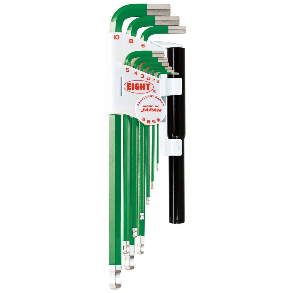 Hex Key Sets; Ball End: Yes ; Handle Type: Color Coded; L-Handle ; Measurement Type: Metric ; Hex Size: 1.5 mm, 2 mm, 2.5 mm, 3 mm, 4 mm, 5 mm, 6 mm, 8 mm, 10 mm ; Material: Steel ; Overall Length (mm): 235.0000