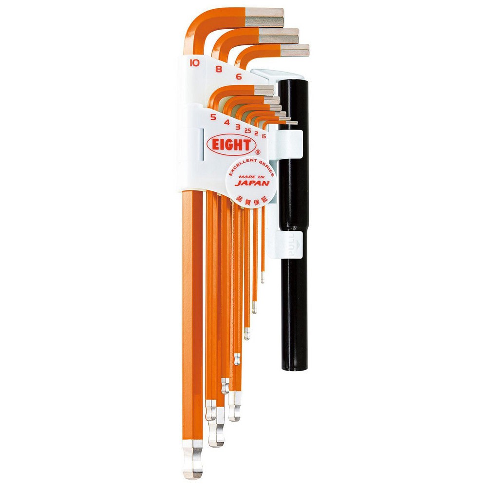 Hex Key Sets; Ball End: Yes ; Handle Type: Color Coded; L-Handle ; Measurement Type: Metric ; Hex Size: 1.5 mm, 2 mm, 2.5 mm, 3 mm, 4 mm, 5 mm, 6 mm, 8 mm, 10 mm ; Material: Steel ; Overall Length (mm): 235.0000