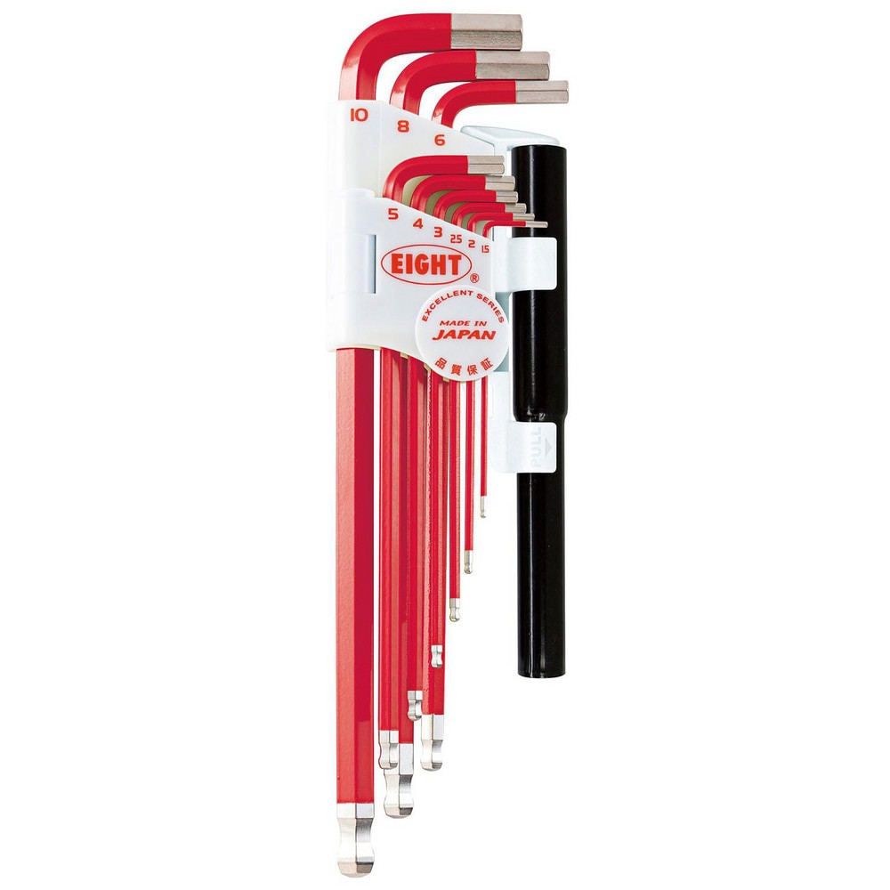 Hex Key Sets; Ball End: Yes ; Handle Type: Color Coded; L-Handle ; Measurement Type: Metric ; Hex Size: 1.5 mm, 2 mm, 2.5 mm, 3 mm, 4 mm, 5 mm, 6 mm, 8 mm, 10 mm ; Material: Steel ; Overall Length (mm): 235.0000
