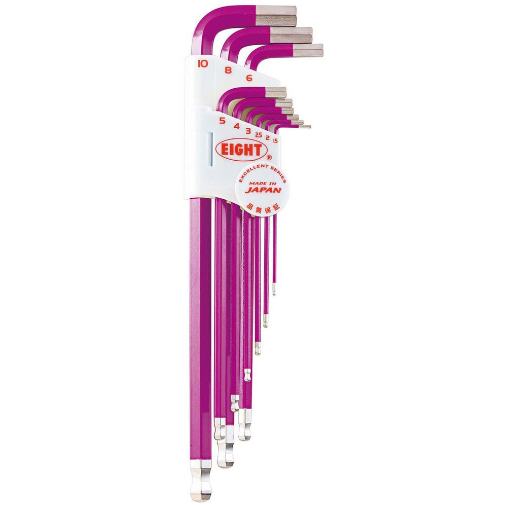 Hex Key Sets; Ball End: Yes ; Handle Type: Color Coded; L-Handle ; Measurement Type: Metric ; Hex Size: 1.5 mm, 2 mm, 2.5 mm, 3 mm, 4 mm, 5 mm, 6 mm, 8 mm, 10 mm ; Material: Steel ; Overall Length (mm): 235.0000
