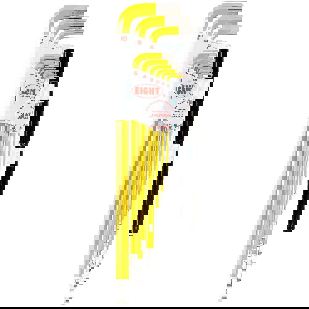 Hex Key Sets; Ball End: Yes ; Handle Type: Color Coded; L-Handle ; Measurement Type: Metric ; Hex Size: 1.5 mm, 2 mm, 2.5 mm, 3 mm, 4 mm, 5 mm, 6 mm, 8 mm, 10 mm ; Material: Steel ; Overall Length (mm): 235.0000