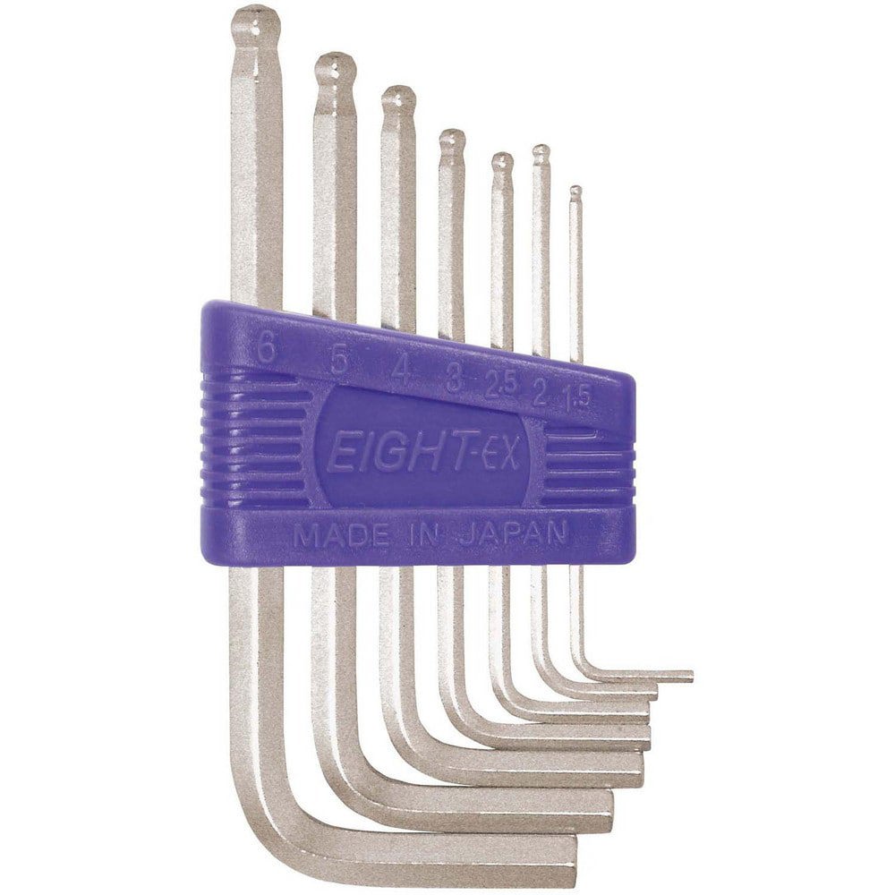 Hex Key Sets; Ball End: Yes ; Handle Type: L-Handle ; Measurement Type: Metric ; Hex Size: 1.5 mm, 2 mm, 2.5 mm, 3 mm, 4 mm, 5 mm, 6 mm ; Material: Steel ; Overall Length (mm): 97.0000